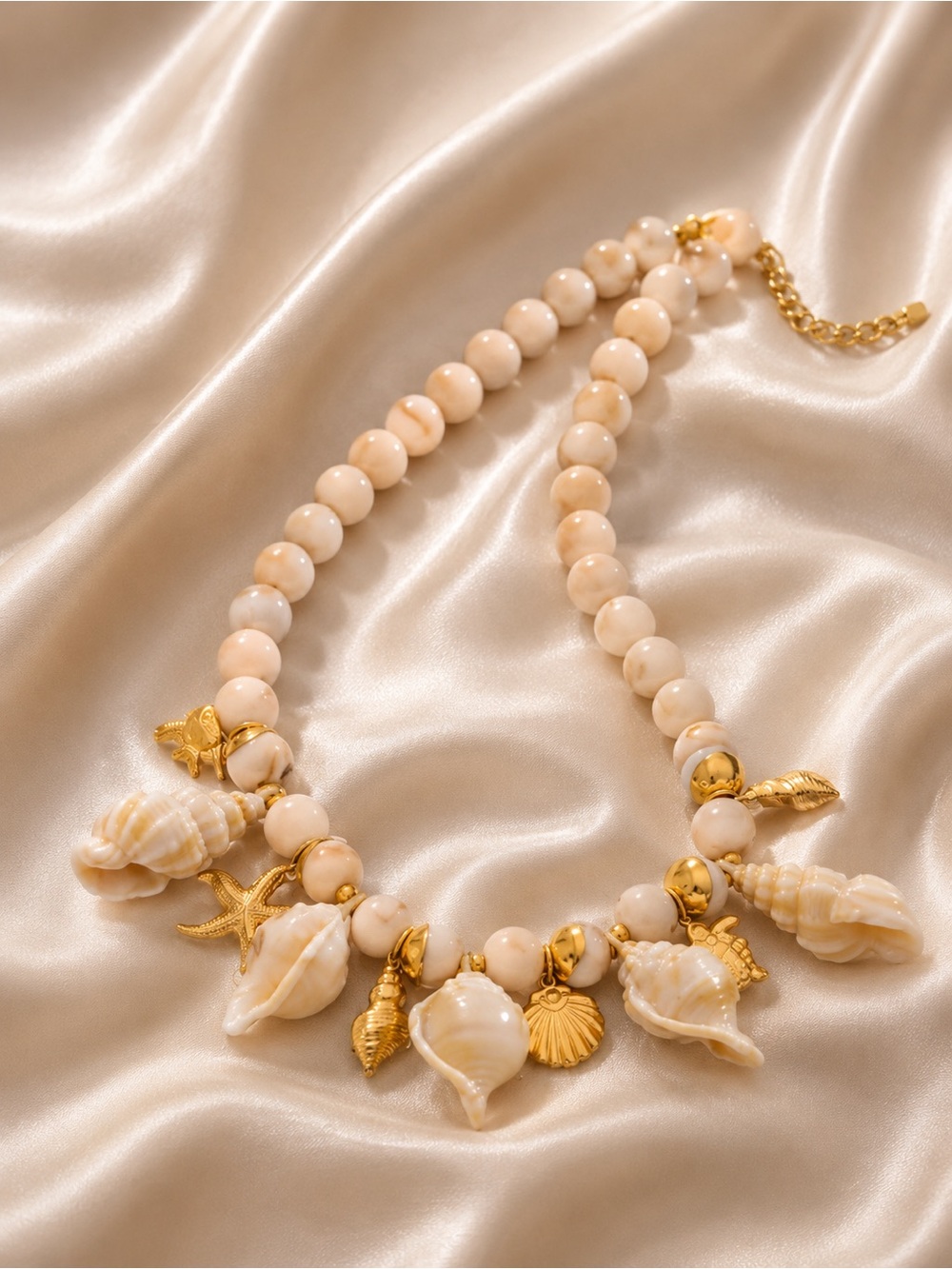 Couture Gold Cream Shell Charm Beaded Necklace - Picture 2 of 11